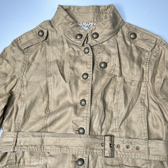 Live A Little Camel Linen Corduroy 3/4 Length Sleeves Button Up Belted Jacket L - Picture 2 of 9